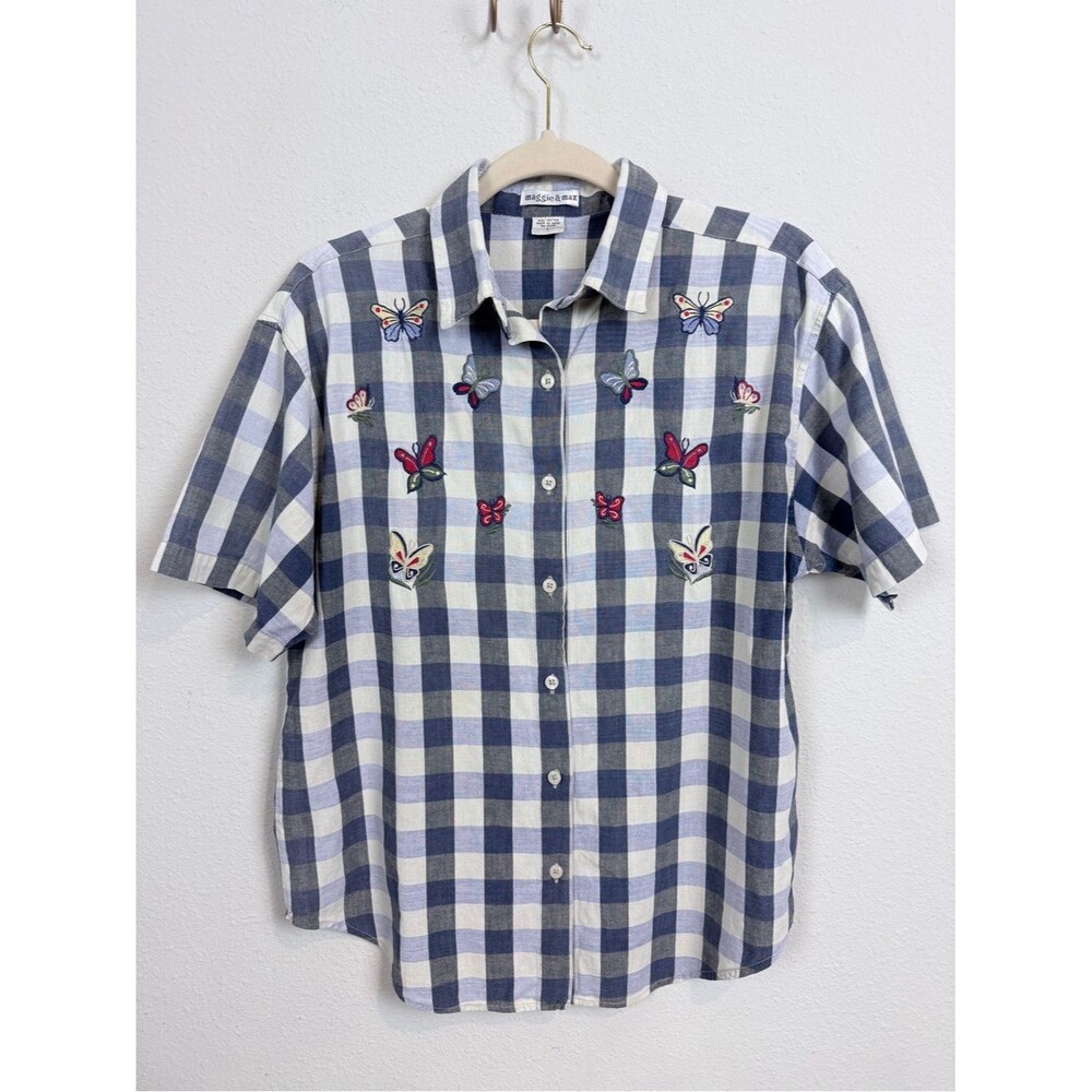Vintage Maggie & Max Blue Gingham Button-Down Embroidered Butterflies Shirt L